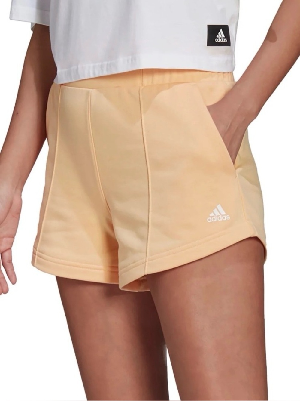 Adidas Brand Sport Shorts With Wide Waistband & Pockets in Soft Terry Peach